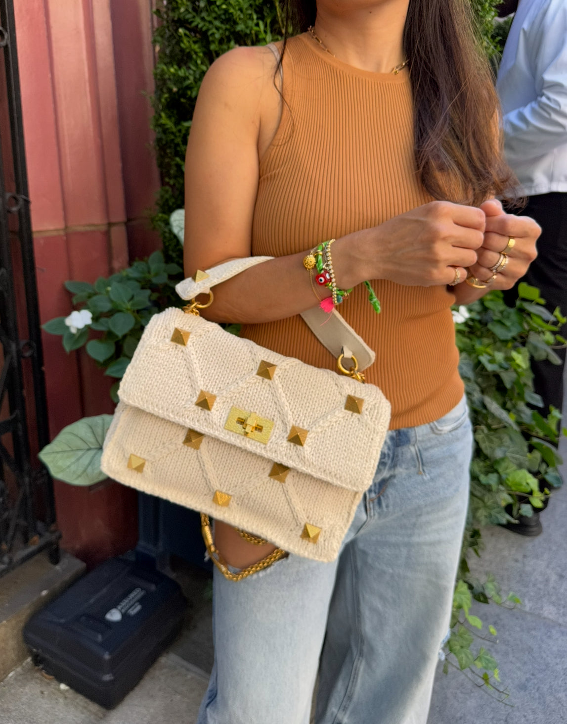Valentino White Ivory Knit Rockstud Bag