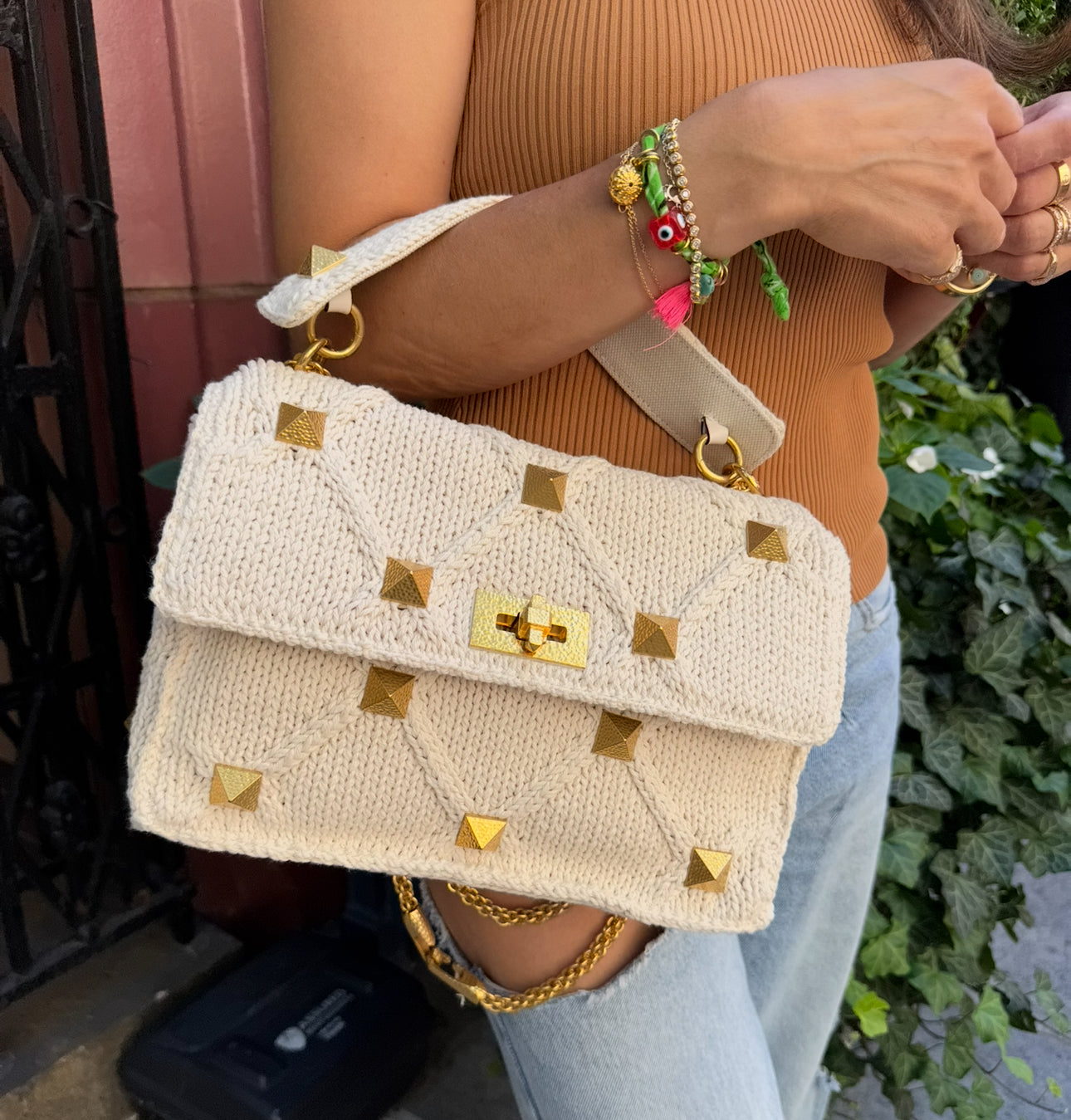 Valentino White Ivory Knit Rockstud Bag